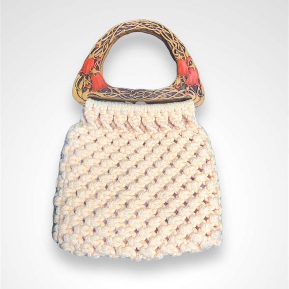 Vintage Handmade Crochet Boho Bag Purse Handbag Macrame Floral Wood Handles